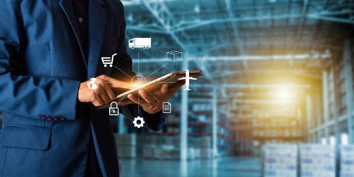 Canva - Business Logistics concept, Businessman manager touching icon for logistics on  Modern Trade warehouse background. Industry 4.0 concept (1)