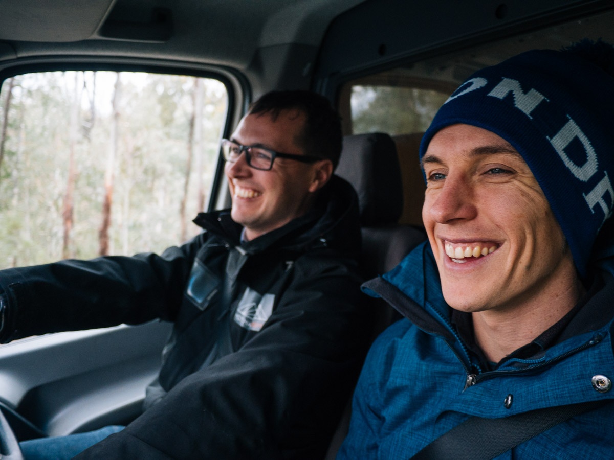 CEO Vincent Fletcher and Adam Booth of Hotham Freight heading up the mountain